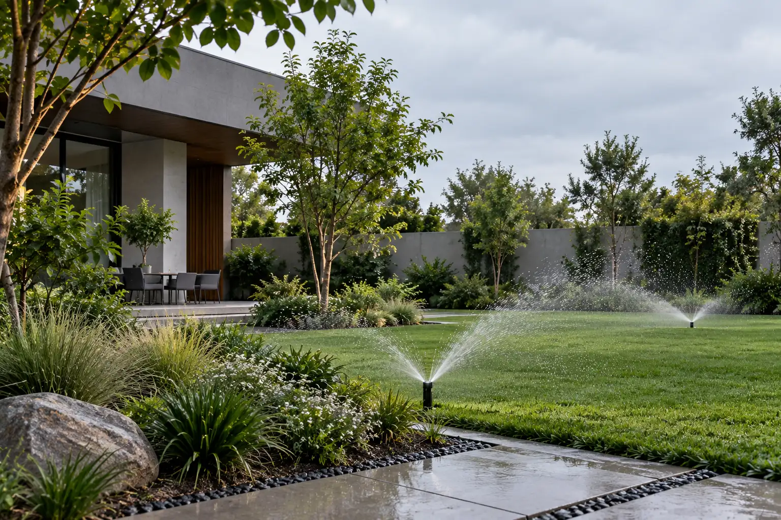 Landscaped residential garden with an automated irrigation system