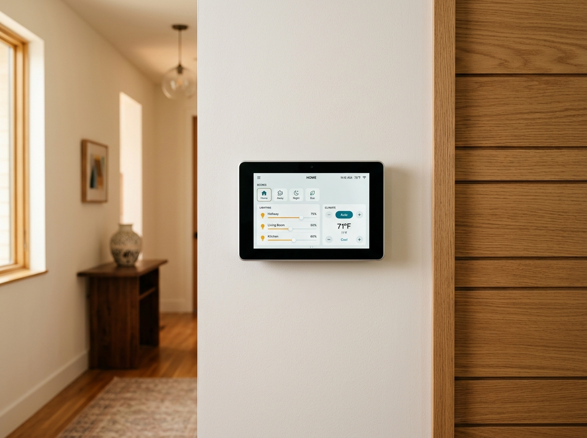 Smart home wall-mounted control panel displaying lighting and climate controls in a residential hallway