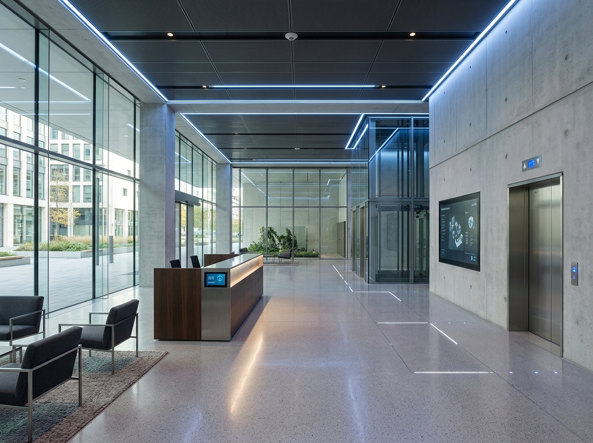 Modern commercial building lobby with integrated smart technology, automated lighting, and digital access controls