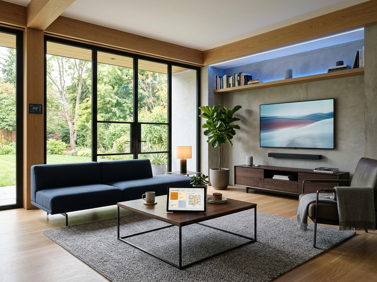 Modern smart home living room with integrated automation controls, warm ambient lighting, and natural materials
