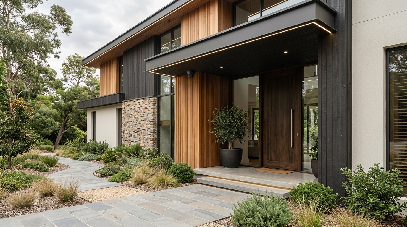 Modern home entrance with a discreet CCTV security camera