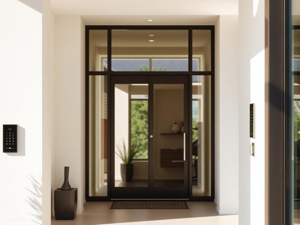 Modern home entrance with access control keypad and discreet camera
